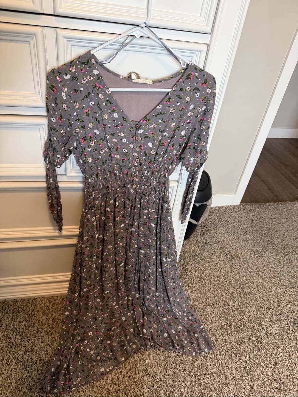 Reborn Grey Floral V-Neck Smocked Midi Dress with Pink Accents